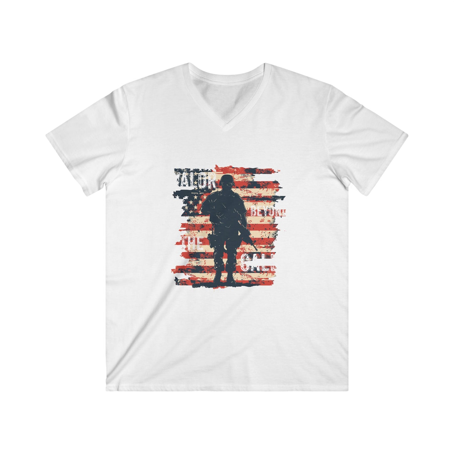 "Valor Beyond The Call" American Military Soldier & Flag Men's Patriotic Fitted V-Neck Short Sleeve Tee