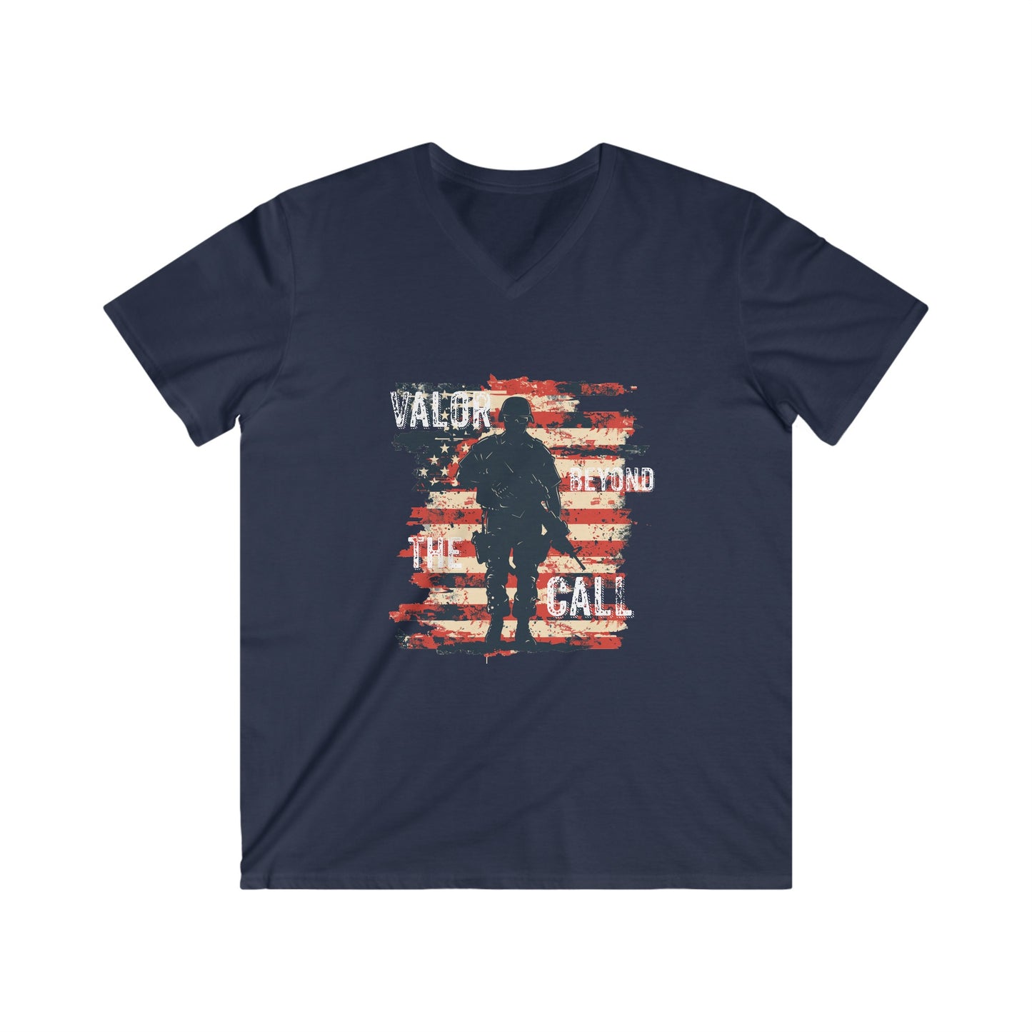 "Valor Beyond The Call" American Military Soldier & Flag Men's Patriotic Fitted V-Neck Short Sleeve Tee