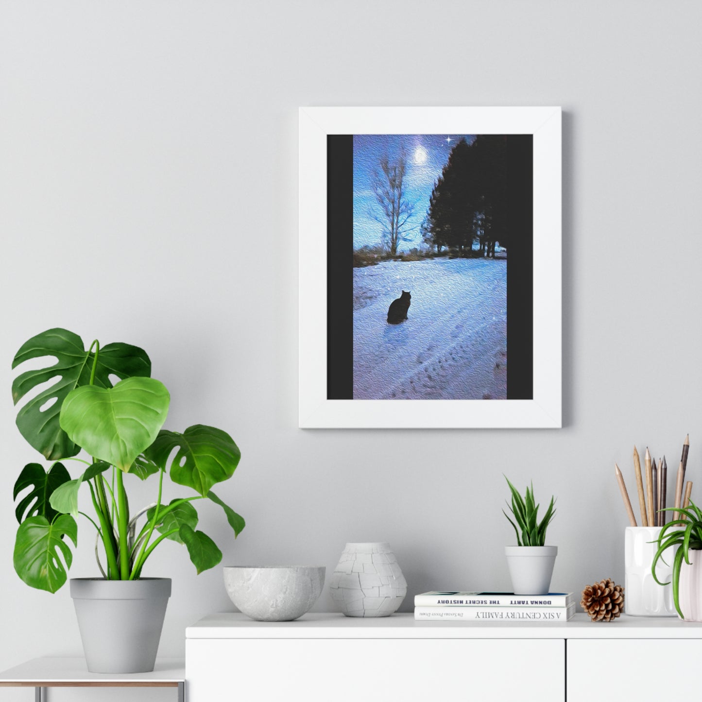Under A Tabby Moon-Cat In Snow Framed Vertical Photo Art Print/Poster