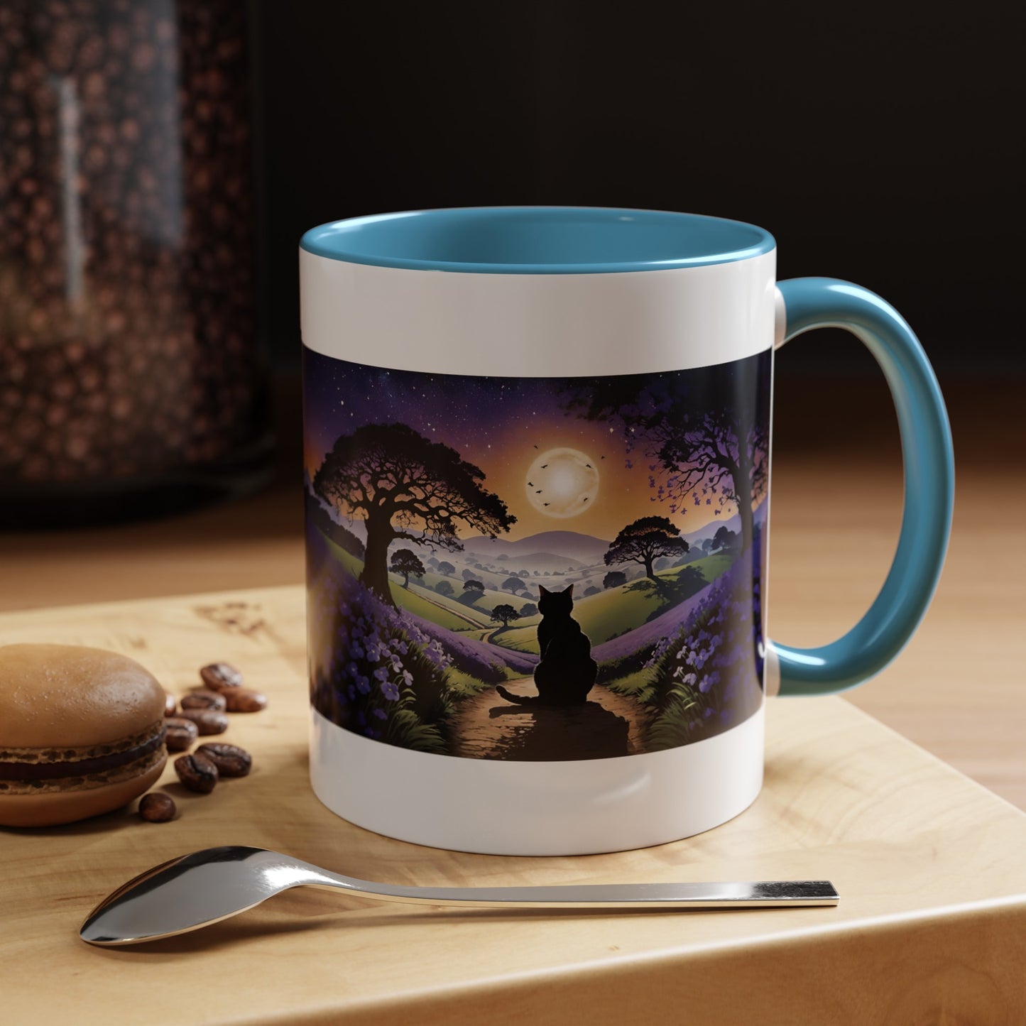 "I'll Wait For You" Cat Silhouette At Sunset With Lavender Accent Coffee Mug (11, 15oz)