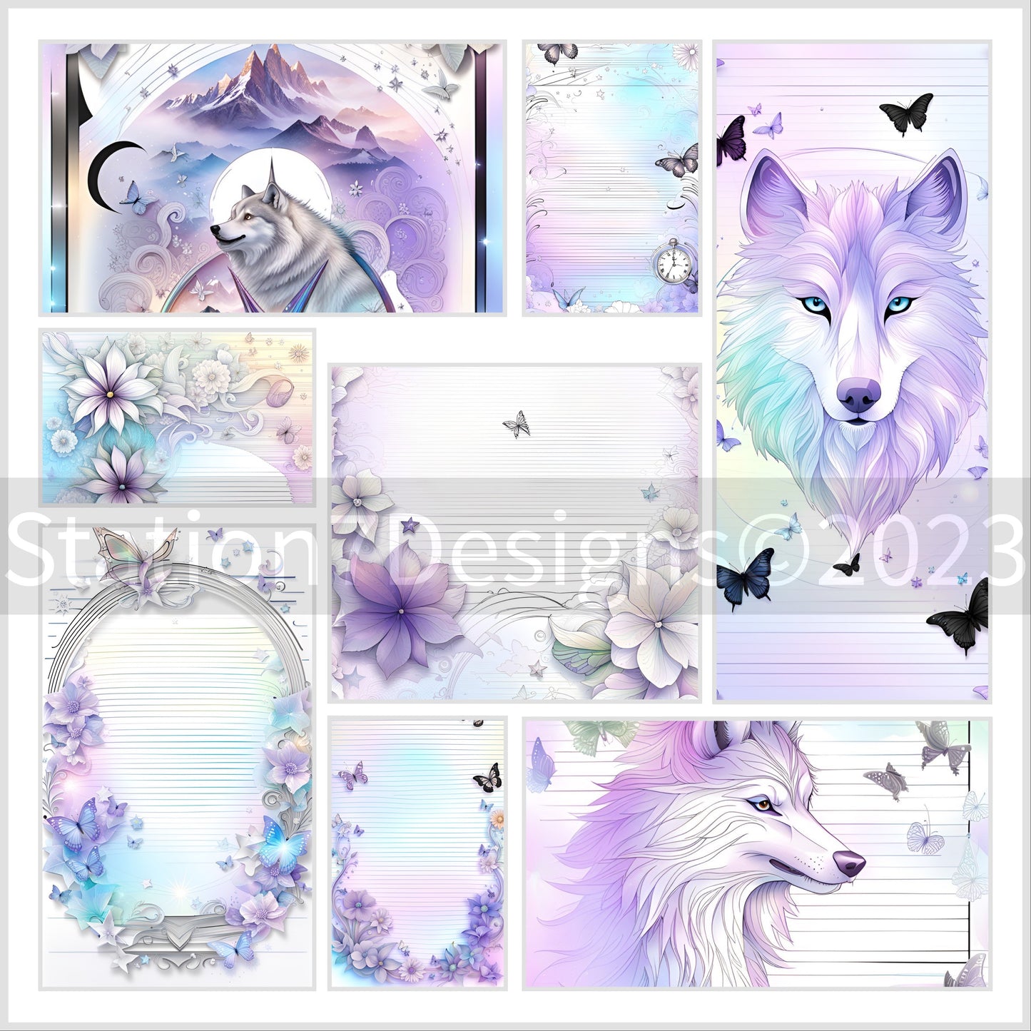 Mystic Lupine: Colorful Wolves Junk Journal Stationery Scrapbooking Print Set Of 9 On Linen Paper Or Card Stock