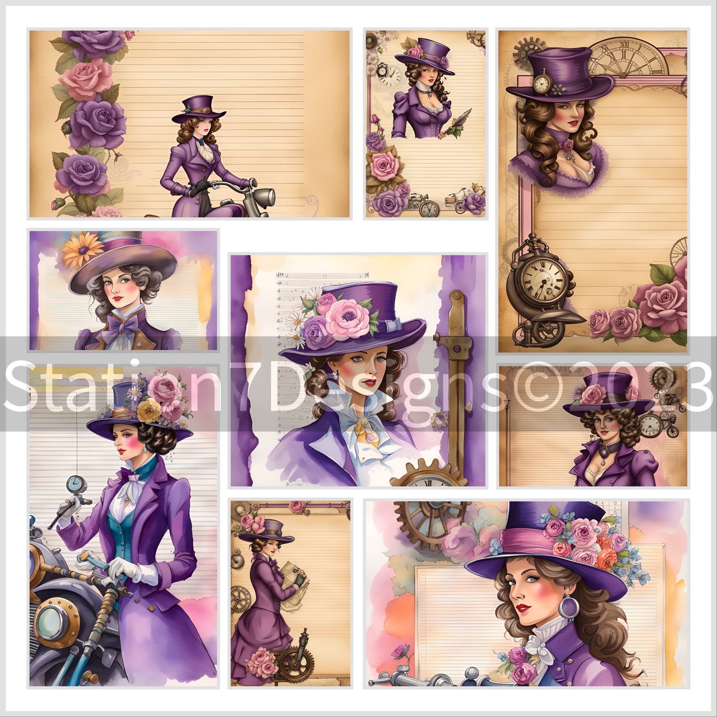 Women Of The Steam Age Series-Purple-Junk Journal Stationery Paper Set of 30 Portrait Prints On Recycled Linen Paper Or Card Stock