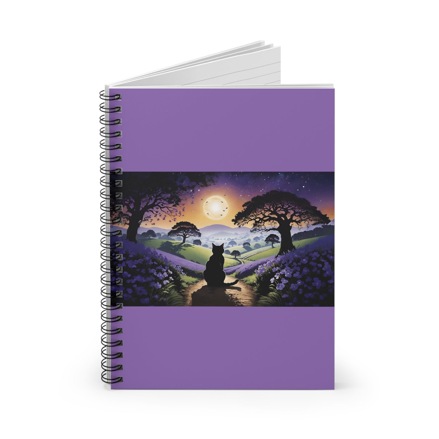 "I'll Wait For You" Silhouette Of Cat At Sunset On Path Of Lavender Spiral Notebook - Ruled Line