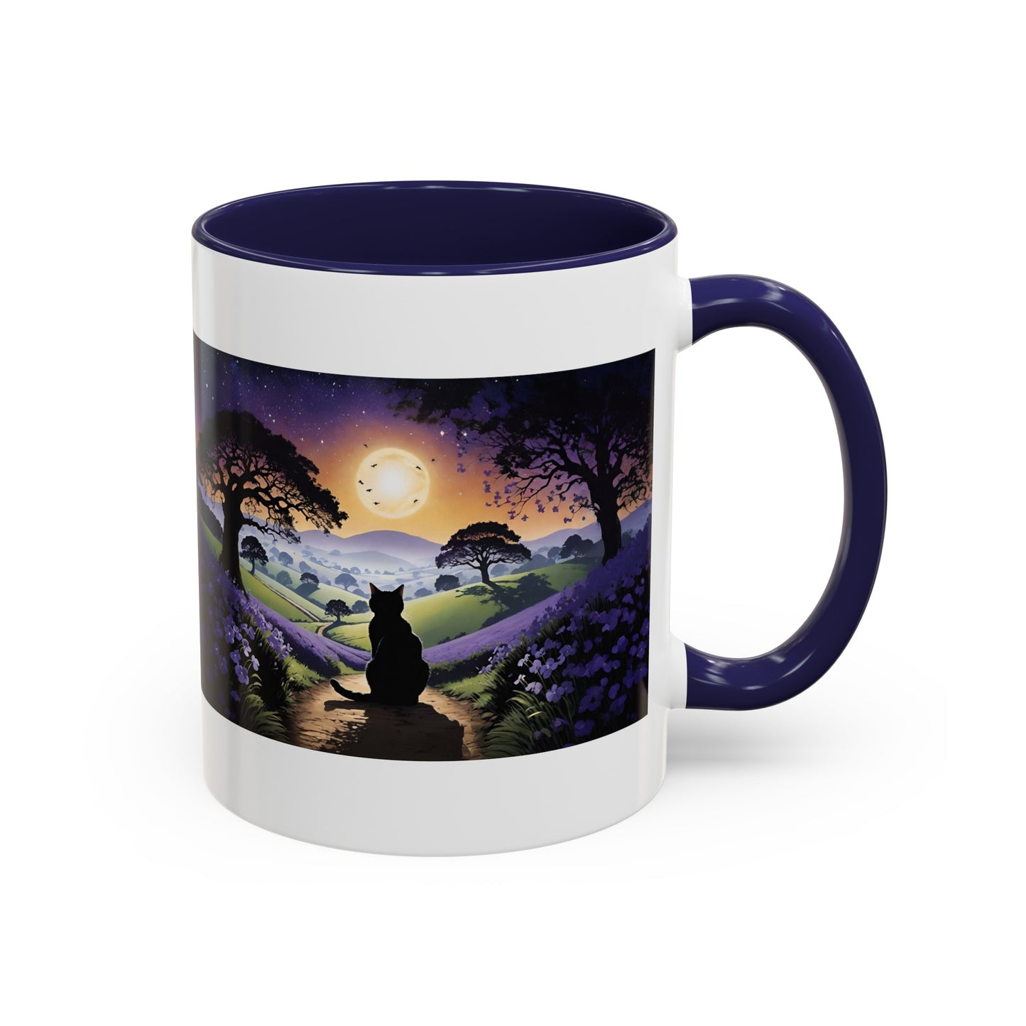 "I'll Wait For You" Cat Silhouette At Sunset With Lavender Accent Coffee Mug (11, 15oz)