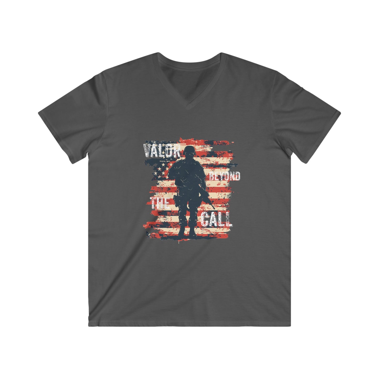 "Valor Beyond The Call" American Military Soldier & Flag Men's Patriotic Fitted V-Neck Short Sleeve Tee