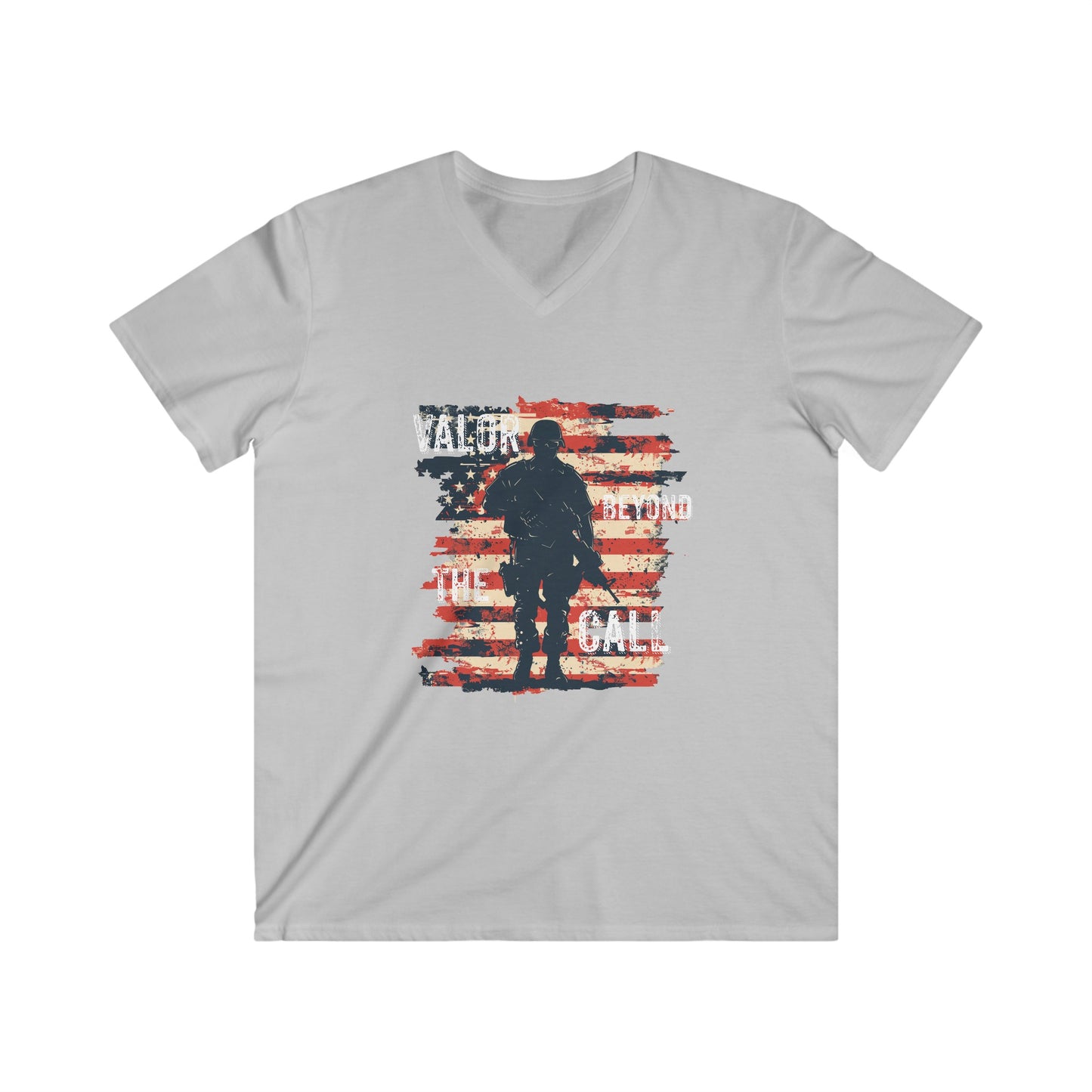 "Valor Beyond The Call" American Military Soldier & Flag Men's Patriotic Fitted V-Neck Short Sleeve Tee