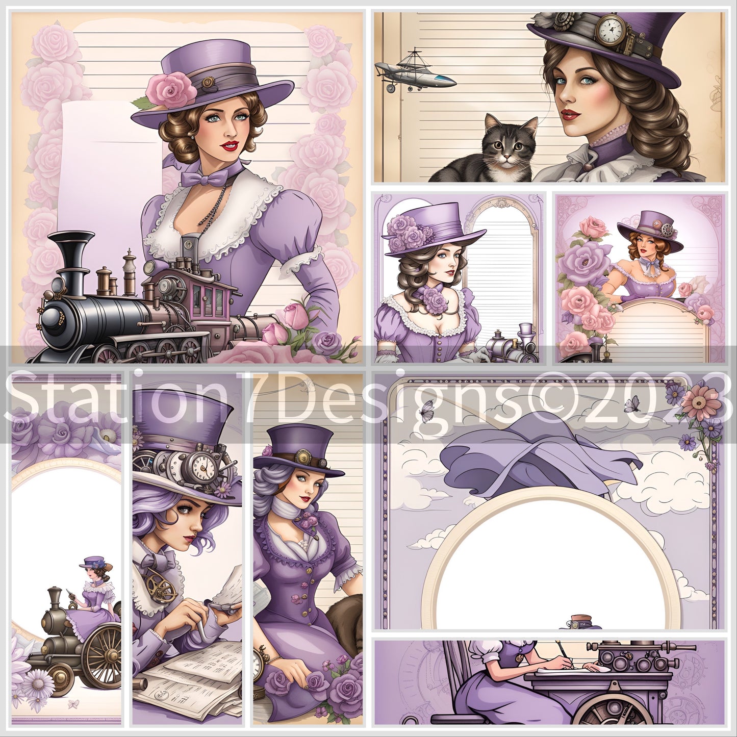Women Of The Steam Age Series-Purple-Junk Journal Stationery Paper Set of 30 Portrait Prints On Recycled Linen Paper Or Card Stock