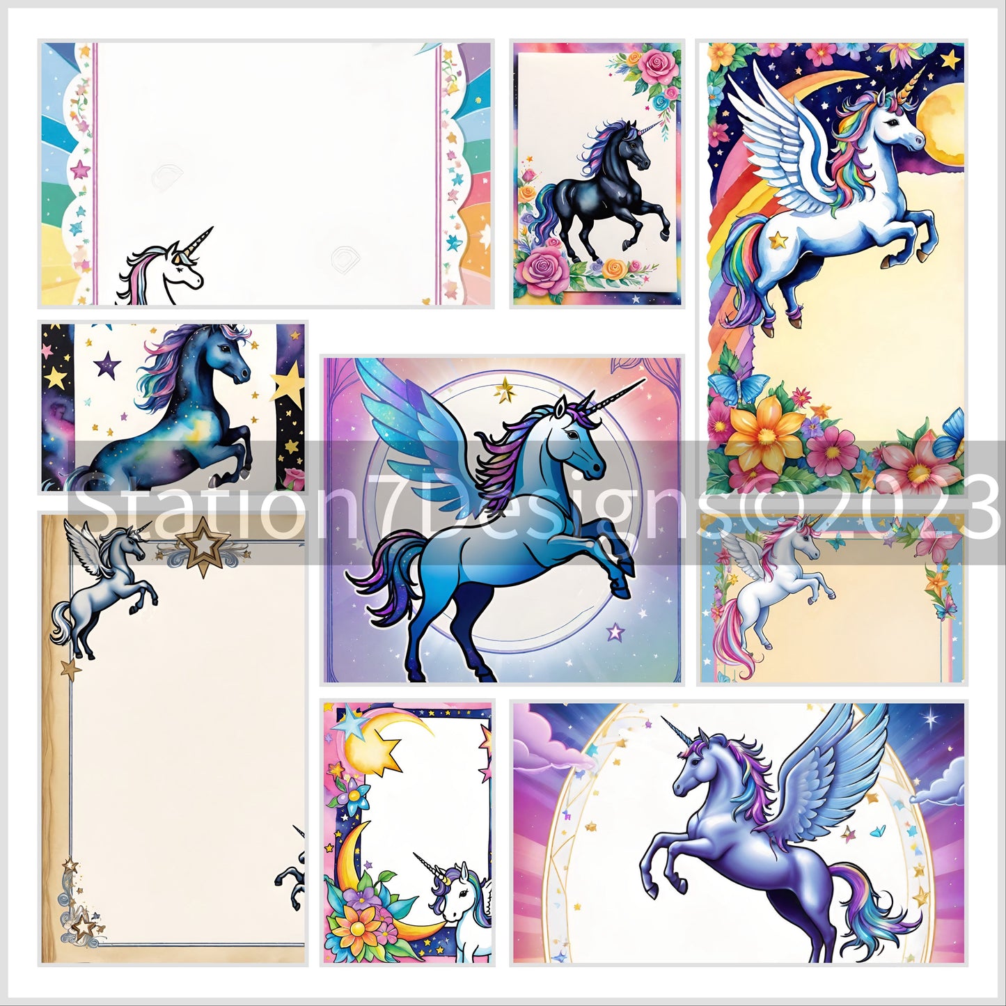 Enchanted Equestrian: Mystical Unicorn & Pegasus Junk Journal Scrapbooking Set Of 50 Prints On Recycled Linen Paper