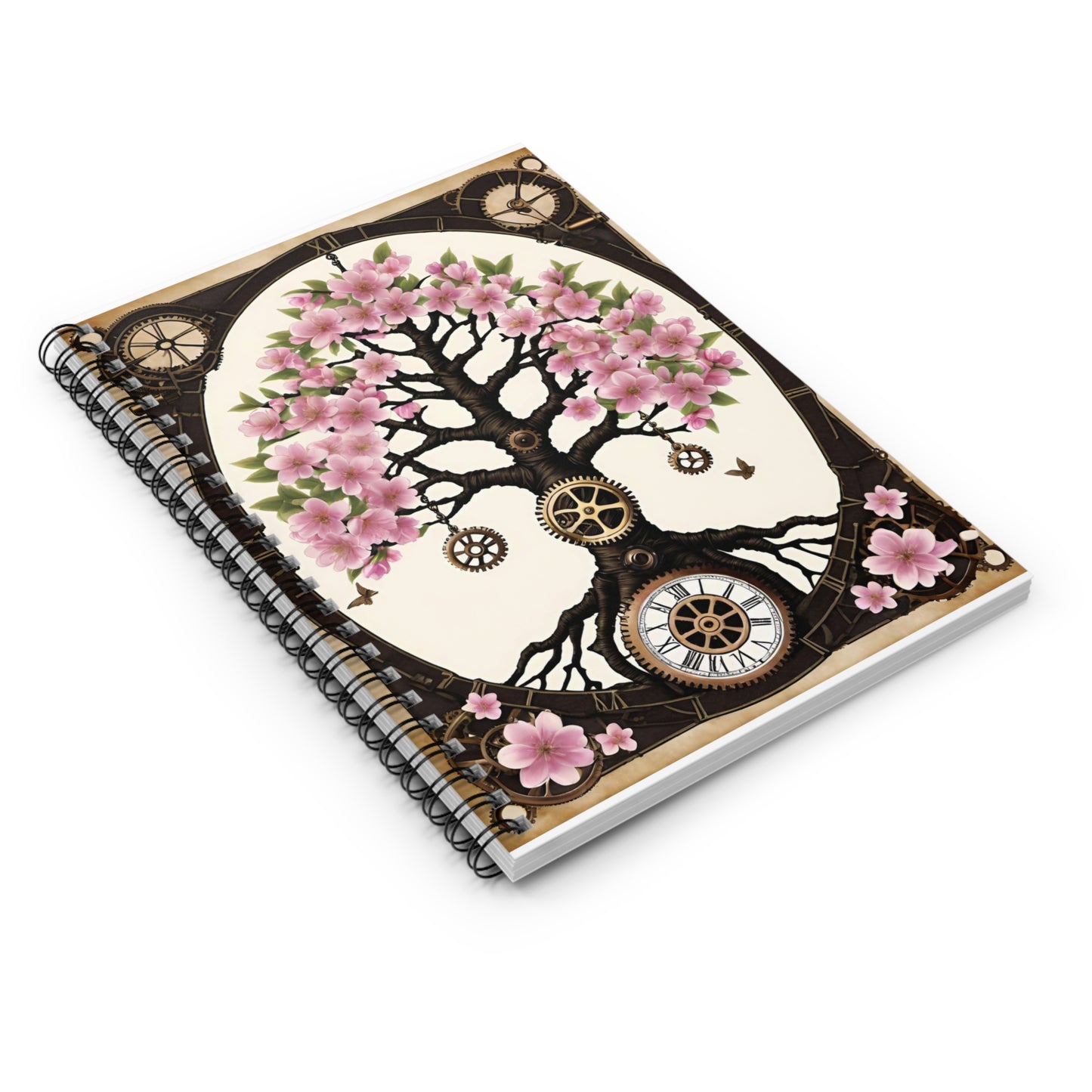 Cherry Blossom Steampunk Tree Of Life Spiral Notebook - Ruled Line