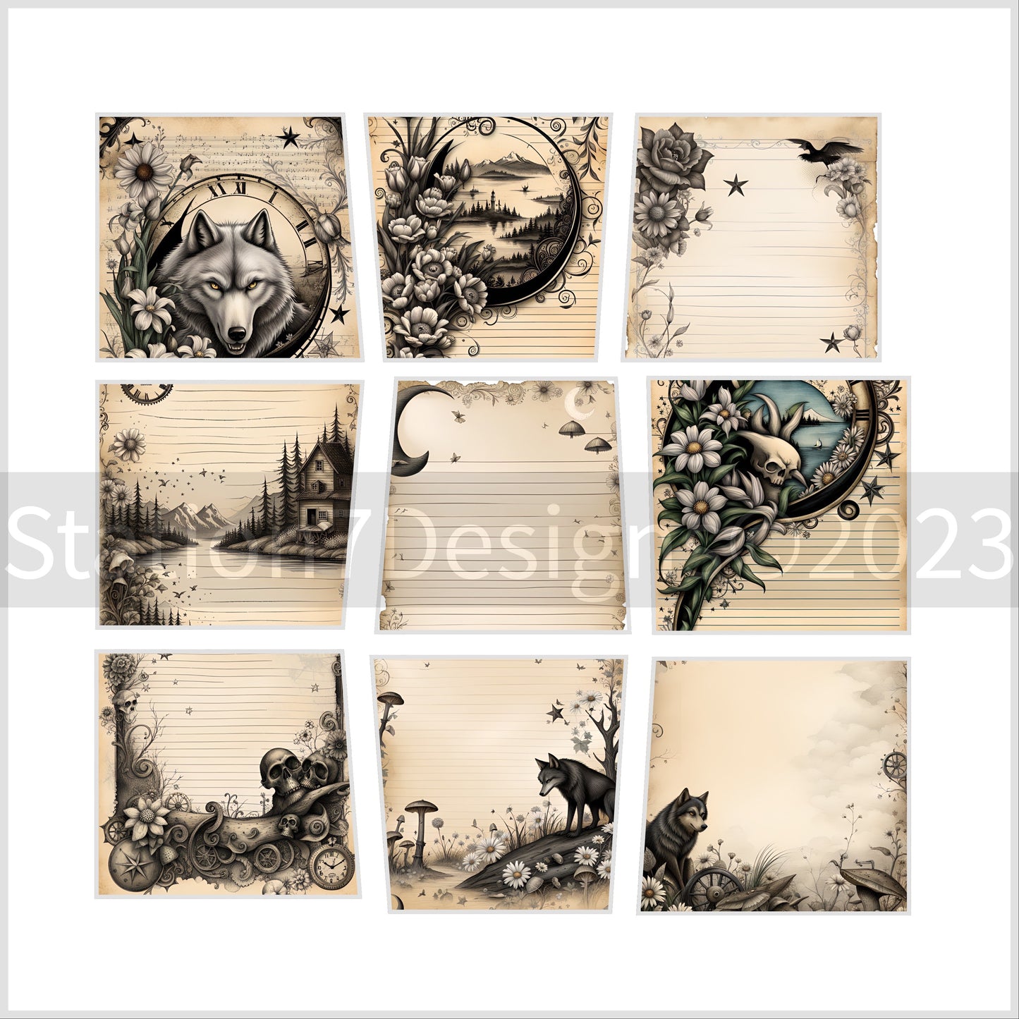 The Gothic Wilds Antiqued Junk Journal Stationery Scrapbooking Set Of 25 Prints-Recycled Linen Paper Or Card Stock