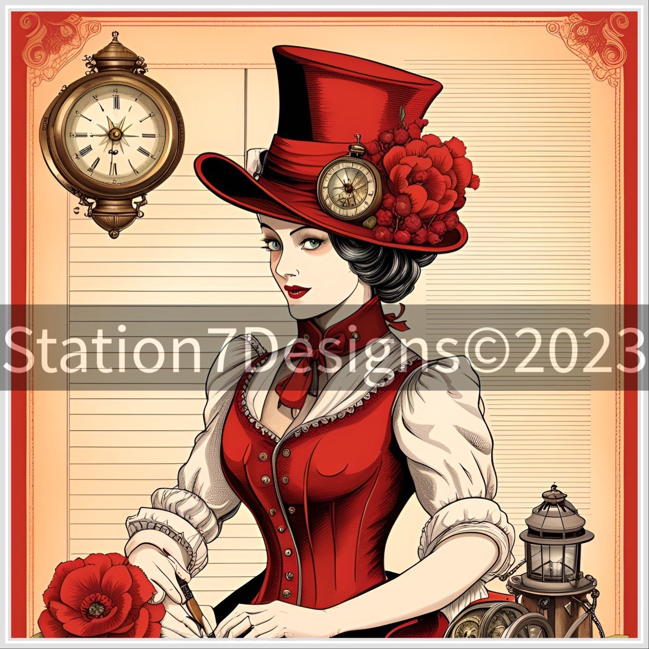 “Women Of The Steam Age” Black & Red Steampunk Junk Journal Stationery Page Set Of 25 Prints On Recycled Linen Paper