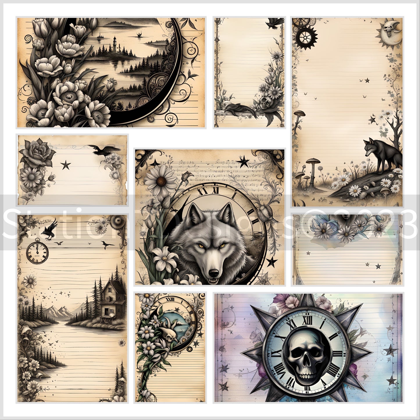 The Gothic Wilds Antiqued Junk Journal Stationery Scrapbooking Set Of 25 Prints-Recycled Linen Paper Or Card Stock